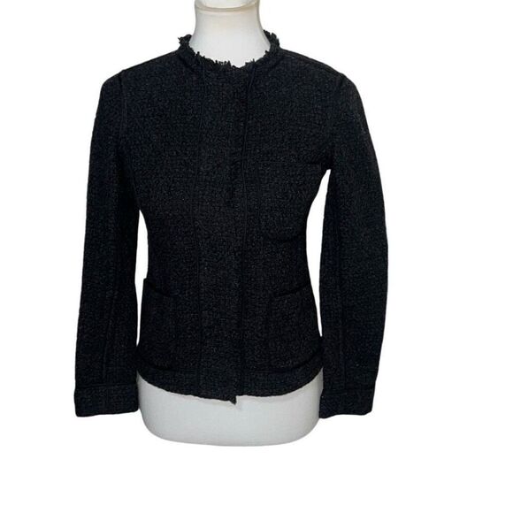 Vince Wool Blend Womens Frayed Boucle Jacket Snap Charcoal Gray Black size 2 - Picture 1 of 9